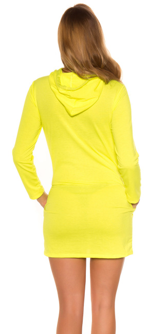 Trendy sweat jurk met capuchon en print neongeel
